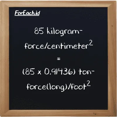 How to convert kilogram-force/centimeter<sup>2</sup> to ton-force(long)/foot<sup>2</sup>: 85 kilogram-force/centimeter<sup>2</sup> (kgf/cm<sup>2</sup>) is equivalent to 85 times 0.91436 ton-force(long)/foot<sup>2</sup> (LT f/ft<sup>2</sup>)